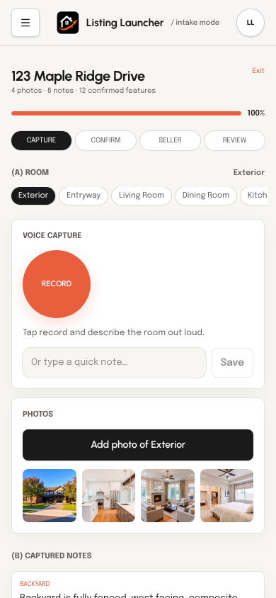 Listing Intake Mode showing voice capture and room photos on a phone