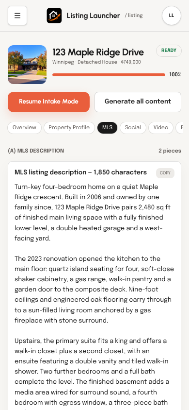 Generated MLS listing description