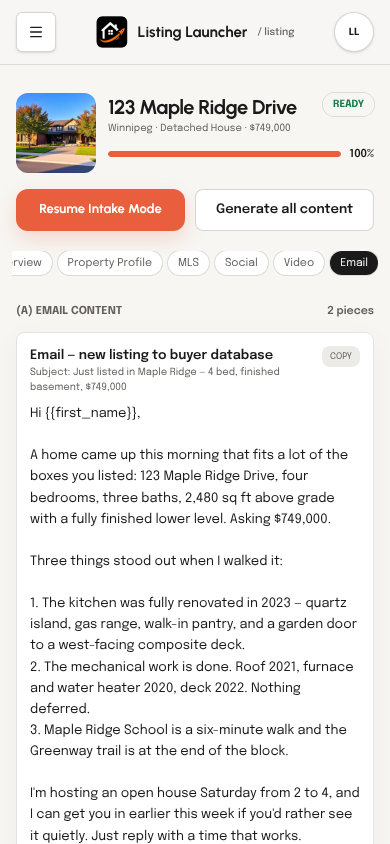 Generated listing email content